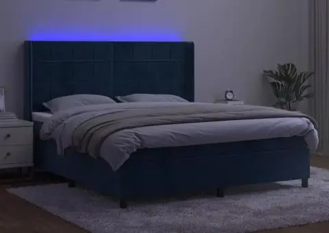 Pat cu arcuri, saltea și LED, bleumarin, 160x200 cm, catifea - 3/5