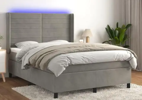 Pat cu arcuri, saltea și LED, gri deschis, 140x200 cm, catifea - 1/5