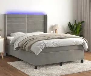 vidaXL Pat cu arcuri, saltea și LED, gri deschis, 140x200 cm, catifea