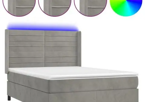 Pat cu arcuri, saltea și LED, gri deschis, 140x200 cm, catifea - 2/5
