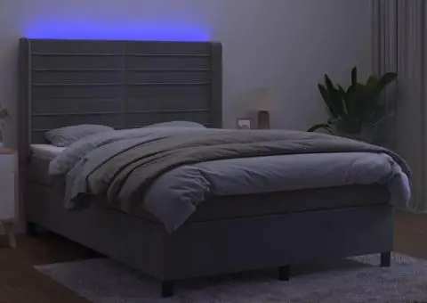 Pat cu arcuri, saltea și LED, gri deschis, 140x200 cm, catifea - 3/5