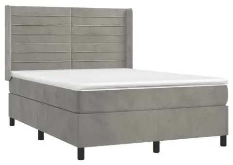 Pat cu arcuri, saltea și LED, gri deschis, 140x200 cm, catifea - 4/5