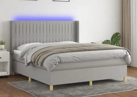 Pat cu arcuri, saltea și LED, gri deschis, 160x200 cm, textil - 1/5