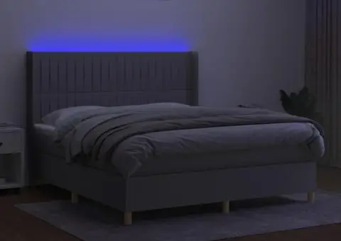 Pat cu arcuri, saltea și LED, gri deschis, 160x200 cm, textil - 3/5