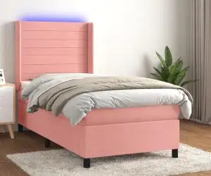 vidaXL Pat cu arcuri, saltea și LED, roz, 100x200 cm, catifea