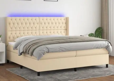 Pat cu arcuri, saltea și LED, crem, 200x200 cm, textil - 1/5