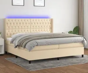 vidaXL Pat cu arcuri, saltea și LED, crem, 200x200 cm, textil