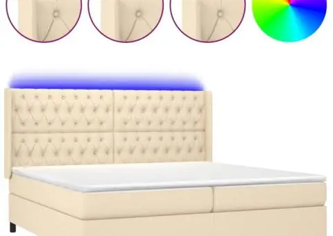 Pat cu arcuri, saltea și LED, crem, 200x200 cm, textil - 2/5