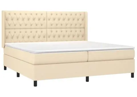 Pat cu arcuri, saltea și LED, crem, 200x200 cm, textil - 4/5