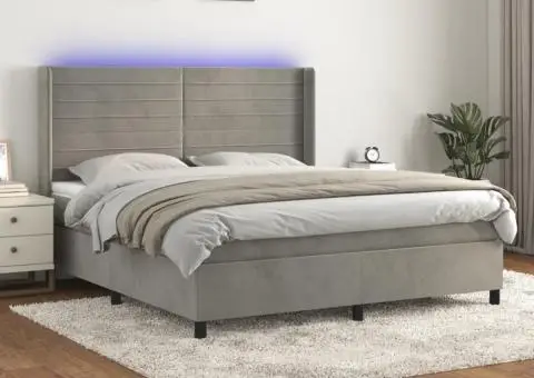 Pat cu arcuri, saltea și LED, gri deschis, 160x200 cm, catifea - 1/5