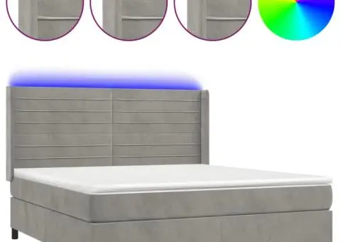 Pat cu arcuri, saltea și LED, gri deschis, 160x200 cm, catifea - 2/5