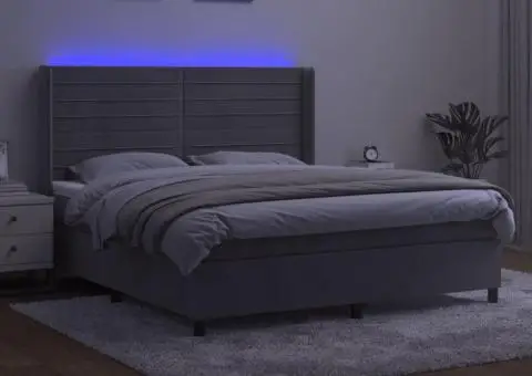 Pat cu arcuri, saltea și LED, gri deschis, 160x200 cm, catifea - 3/5