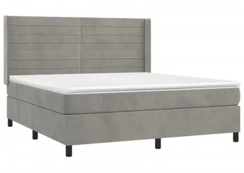 Pat cu arcuri, saltea și LED, gri deschis, 160x200 cm, catifea - 4/5