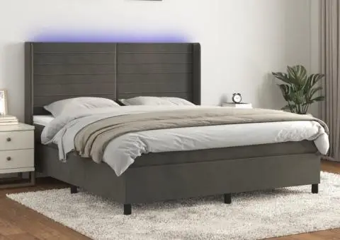 Pat cu arcuri, saltea și LED, gri închis, 180x200 cm, catifea - 1/5