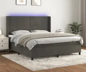 vidaXL Pat cu arcuri, saltea și LED, gri închis, 180x200 cm, catifea