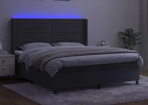 Pat cu arcuri, saltea și LED, gri închis, 180x200 cm, catifea - 3/5