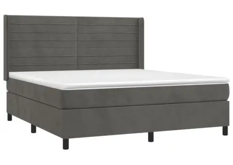 Pat cu arcuri, saltea și LED, gri închis, 180x200 cm, catifea - 4/5