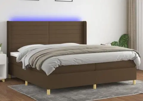 Pat cu arcuri, saltea și LED, maro închis, 200x200 cm, textil - 1/5