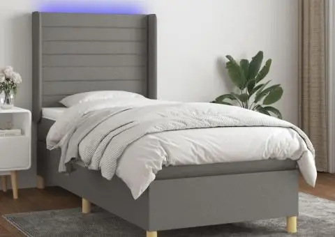 Pat cu arcuri, saltea și LED, gri închis, 80x200 cm, textil - 1/5