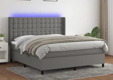 Pat cu arcuri, saltea și LED, gri închis, 180x200 cm, textil - 1/5