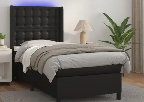 Pat cu arcuri, saltea și LED, negru, 90x190 cm, piele ecologică - 1/5