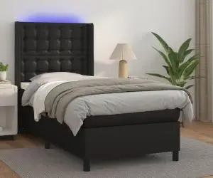 vidaXL Pat cu arcuri, saltea și LED, negru, 90x190 cm, piele ecologică
