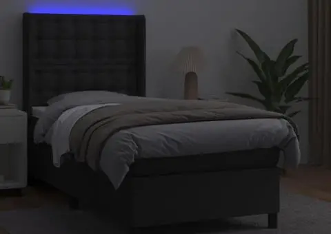 Pat cu arcuri, saltea și LED, negru, 90x190 cm, piele ecologică - 3/5