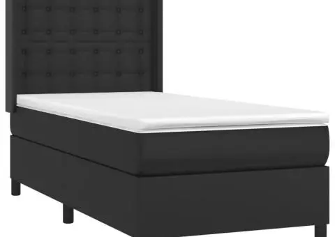 Pat cu arcuri, saltea și LED, negru, 90x190 cm, piele ecologică - 4/5