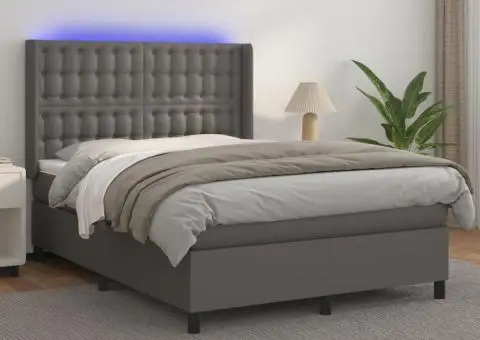 Pat cu arcuri, cu saltea & LED, gri, 140x190 cm, piele eco - 1/5