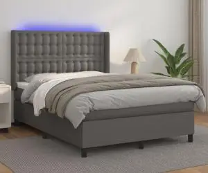 vidaXL Pat cu arcuri, cu saltea & LED, gri, 140x190 cm, piele eco