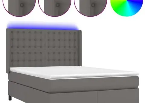 Pat cu arcuri, cu saltea & LED, gri, 140x190 cm, piele eco - 2/5