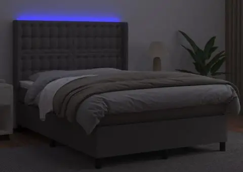 Pat cu arcuri, cu saltea & LED, gri, 140x190 cm, piele eco - 3/5