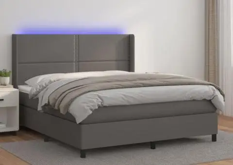 Pat cu arcuri, saltea și LED, gri, 180x200 cm, piele ecologică - 1/5