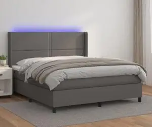 vidaXL Pat cu arcuri, saltea și LED, gri, 180x200 cm, piele ecologică