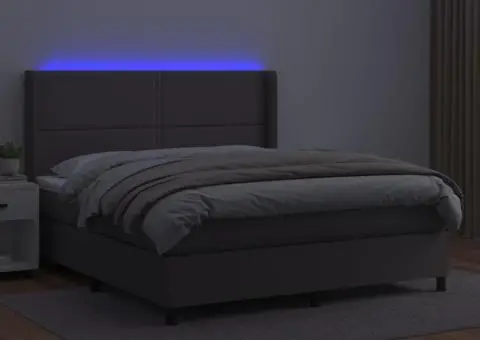 Pat cu arcuri, saltea și LED, gri, 180x200 cm, piele ecologică - 3/5