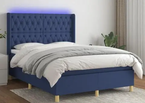 Pat cu arcuri, saltea și LED, albastru, 140x200 cm, textil - 1/5