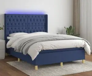 vidaXL Pat cu arcuri, saltea și LED, albastru, 140x200 cm, textil