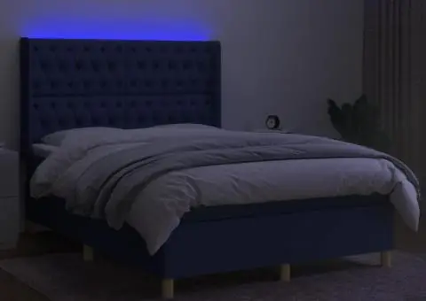 Pat cu arcuri, saltea și LED, albastru, 140x200 cm, textil - 3/5