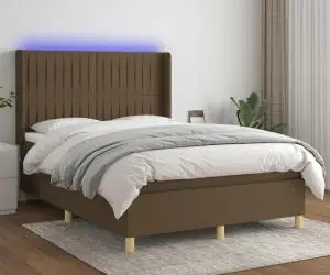 vidaXL Pat cu arcuri, saltea și LED, maro închis, 140x190 cm, textil