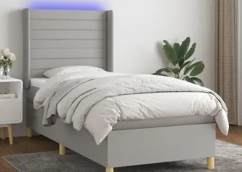 Pat cu arcuri, saltea și LED, gri deschis, 90x200 cm, textil - 1/5