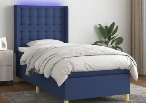 Pat cu arcuri, saltea și LED, albastru, 90x190 cm, textil - 1/5