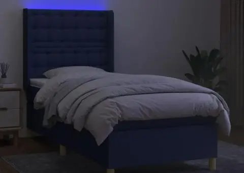 Pat cu arcuri, saltea și LED, albastru, 90x190 cm, textil - 3/5