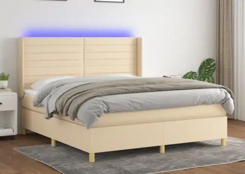 Pat cu arcuri, saltea și LED, crem, 180x200 cm, textil - 1/5