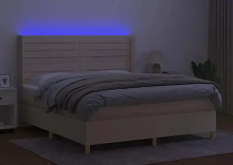 Pat cu arcuri, saltea și LED, crem, 180x200 cm, textil - 3/5