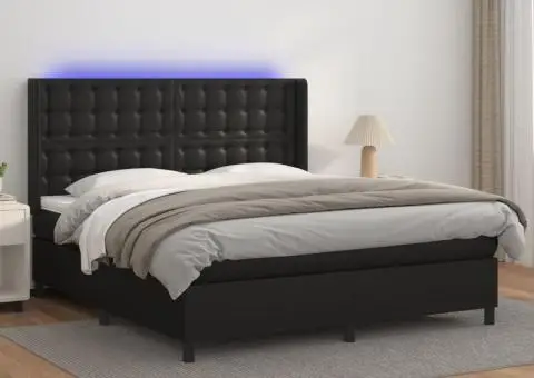 Pat cu arcuri, saltea și LED, negru, 180x200cm, piele ecologică - 1/5