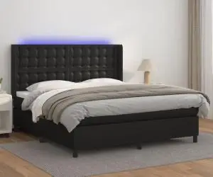 vidaXL Pat cu arcuri, saltea și LED, negru, 180x200cm, piele ecologică