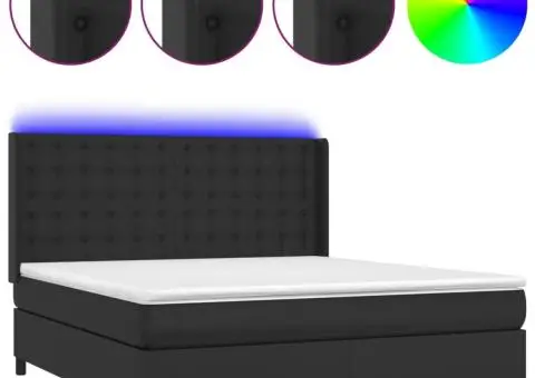 Pat cu arcuri, saltea și LED, negru, 180x200cm, piele ecologică - 2/5