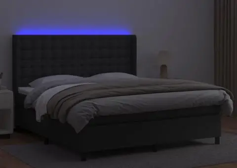 Pat cu arcuri, saltea și LED, negru, 180x200cm, piele ecologică - 3/5