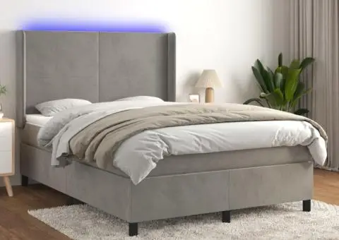 Pat continental cu saltea și LED gri deschis 140x190 cm catifea - 1/5