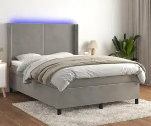 vidaXL Pat continental cu saltea și LED gri deschis 140x190 cm catifea